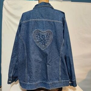 Quacker Factory Jean Jacket Heart Rhinestone Pocket Women 3X Blue Denim